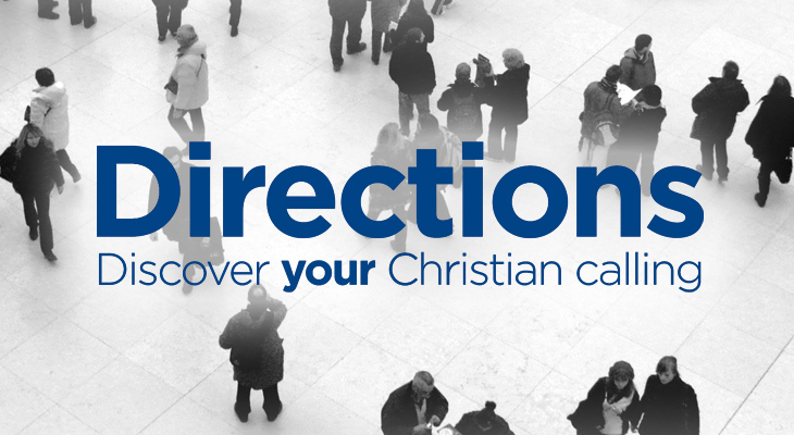 Black and white image of people walking with Directions logo and words 'Discover your Christian calling'