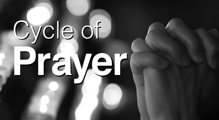 Black and white candlelit image, with hands held in prayer and words over-layed 'Cycle of Prayer'