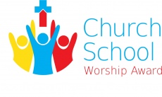 Church School Worship Award, small red/blue cross with 3 people with arms in the air logo