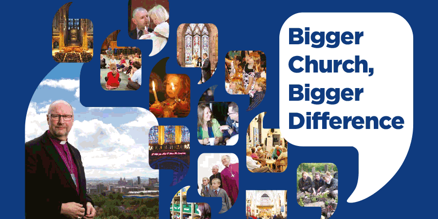Bigger Church, Bigger Difference bubble with Diocesan images, scrolling to 100 new congregations, 1,000 new leaders, 10,000 new disciples